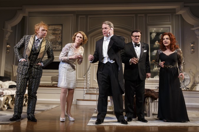 (L-R) Rupert Grint, Megan Mullally, Matthew Broderick, Nathan Lane, and Stockard Channing appear during a performance of “It’s Only A Play,” at the Gerald Schoenfeld Theatre. (AP Photo/The O+M Company, Joan Marcus)