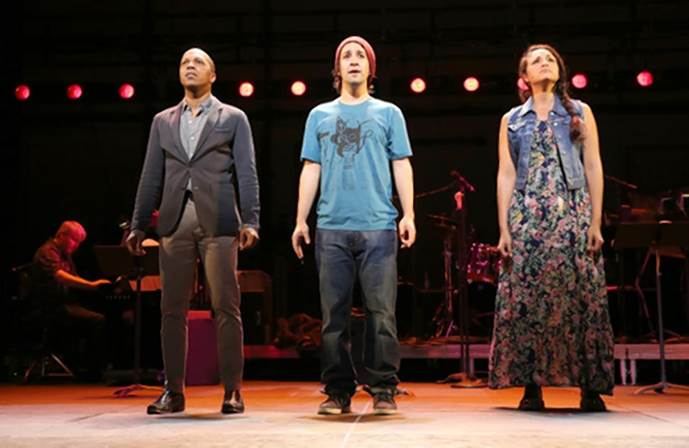 From left,  Leslie Odom Jr., Lin-Manuel Miranda, and Karen Olivo in Tick, Tick ... Boom!