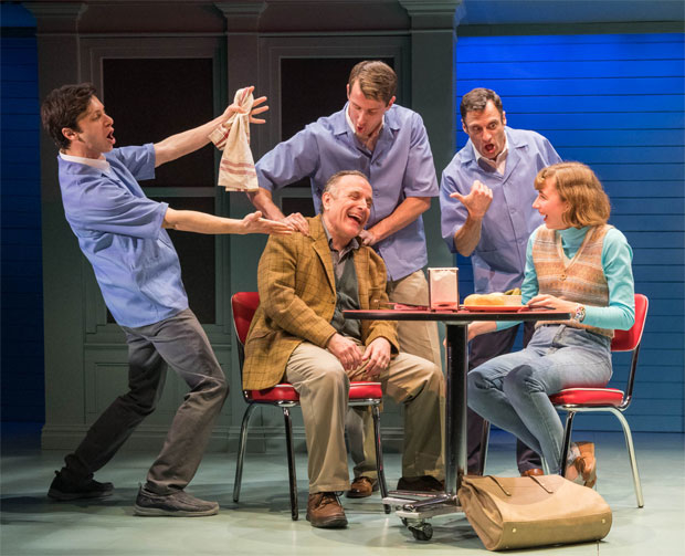 Adam Heller and Julia Knitel, front, are serenaded by Jeremy Greenbaum, C.J. Pawlikowski, and Michael Bartoli, back, in A Letter to Harvey Milk.