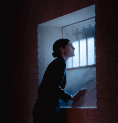 A person looking out a window

Description automatically generated
