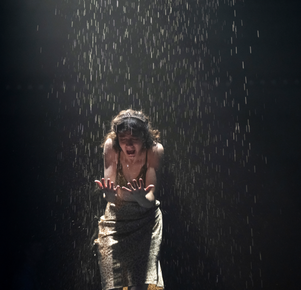 A person in a dress under rain

Description automatically generated