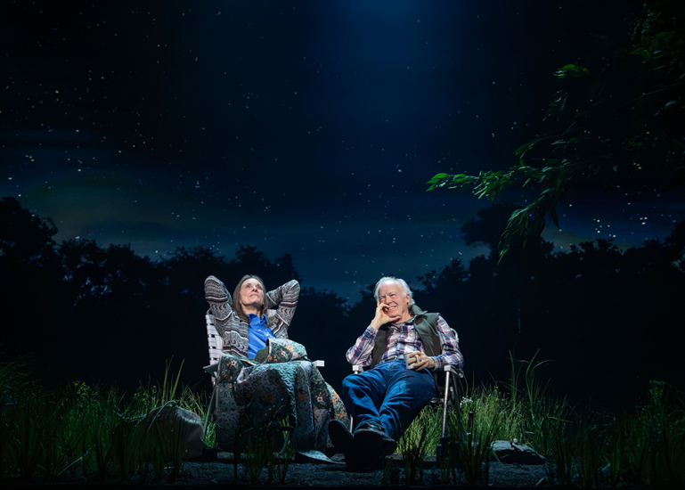 Two men sitting in chairs outside at night