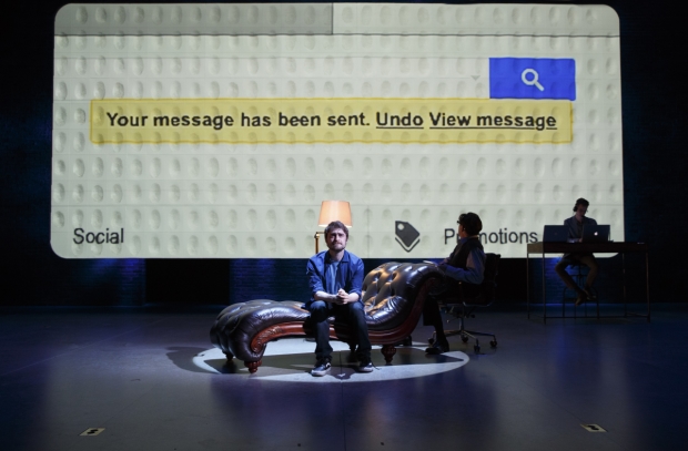 Daniel Radcliffe, Reg Rogers, and Harry Davies star in James Graham's Privacy, directed by Josie Rourke, at the Public Theater.