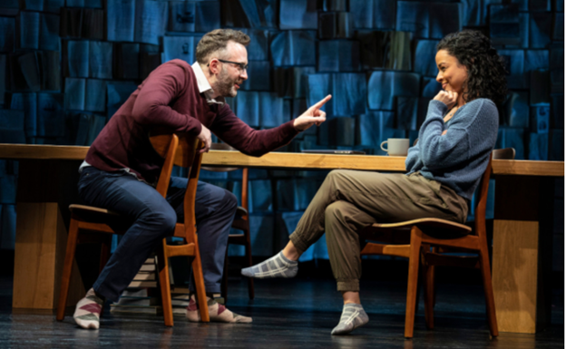 Two people sitting at a table with medium confidence